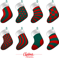 Christmas and New Year. A set of eight different socks for Christmas gifts on a white background.