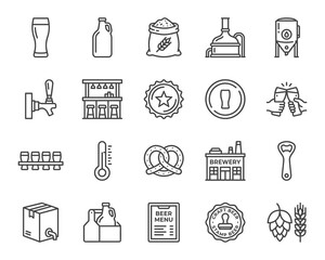 Black outline icon set for craft beer and brewery. Features brewing process equipment, taps, glassware, hops, barley, and pub symbols. Minimalist clean vector design.