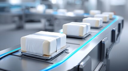 Modern automated manufacturing line with a conveyor belt transporting neatly packaged products suggesting efficiency and high tech production in a clean industrial environment