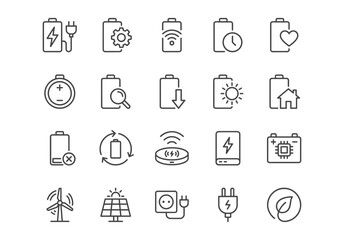 Set of 20 linear icons focusing on battery, charging, renewable energy, and power. Clean vector line art style suitable for UI/UX design, apps, and web interfaces.