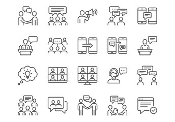 Vector line icon set of business communication. Includes people, speech bubbles, phones, conference calls, and teamwork concepts. Black and white, clean, modern design.