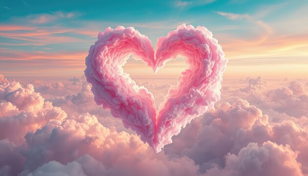 A Celestial Heart of Pink Clouds Floating Amidst a Sunset Sky, Perfect for Romantic Celebrations, Love Themes, and Dreamy Presentations
