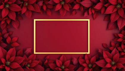 Festive holiday frame with vibrant red poinsettias and a golden border for your seasonal greetings, announcements, or winter party invitations