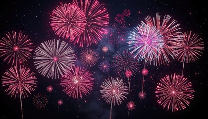 Celebratory fireworks display illuminating the night sky with vibrant pink and white bursts, perfect for parties, events, and special occasions