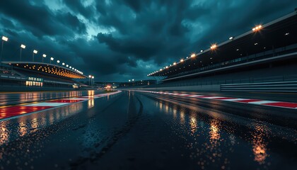 Rain-slicked racing circuit under dramatic evening skies, ready for thrilling competition or high-stakes business presentations.