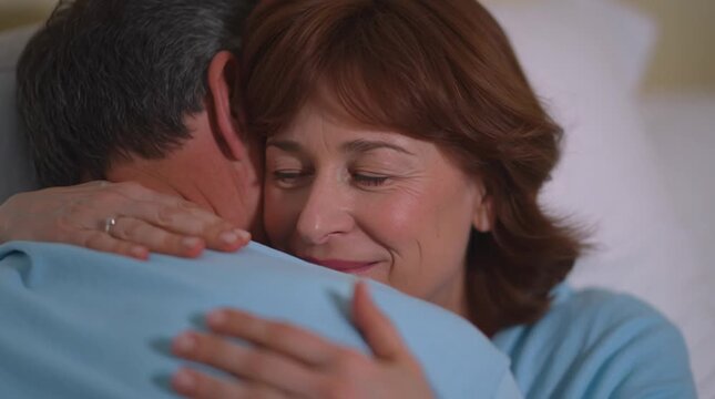 Even during years of marriage a wife hugs her husband firmly and tenderly. Monogamous and happy spouses