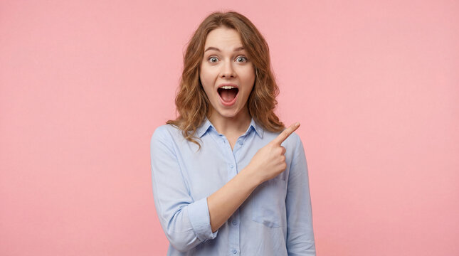 Studio shot of a surprised young woman with wide eyes and open mouth, wearing a light blue shirt, pointing her index finger to the right on a vibra...