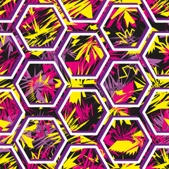 Seamless geometric pattern with neon abstract elements inside hexagons. Bold, colorful and energetic design ideal for fashion textiles, activewear, streetwear, packaging and creative backgrounds.