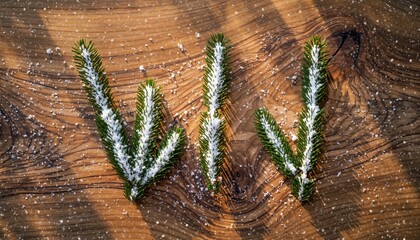 Fototapeta premium Whimsical Evergreen Message: Festive fir branches artfully arranged on a weathered wooden surface spell out a word, dusted with a touch of playful snow.
