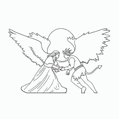 Female Angel with Radiant Halo and Male Devil with Pointed Tail in Friendly Handshake – Fantasy Vector Illustration About Ethics and Compromise