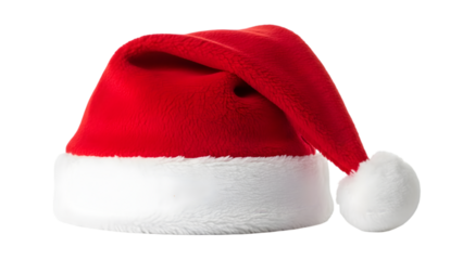 A red santa hat with white trim and pom pom isolated on transparent background for christmas decoration