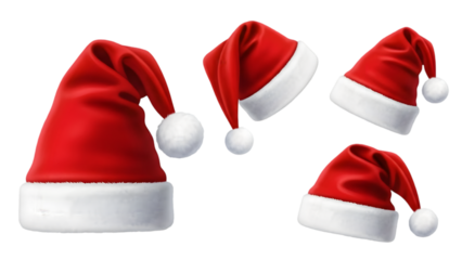 Set of four red christmas santa hats with white trim and pom poms isolated on transparent background