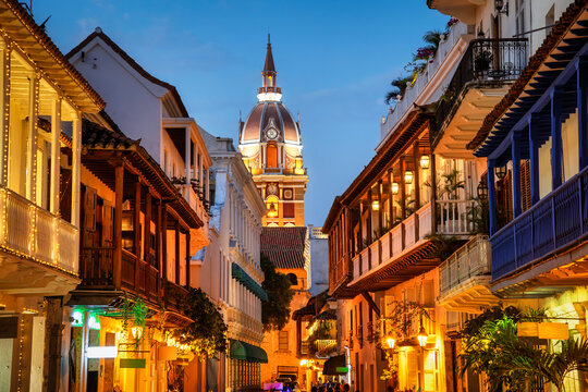 Cartagena historic Old town center at night, Colombia