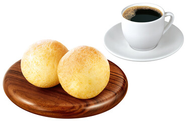 prato de madeira com pão de queijo crocante acompanhado de xícara de café expresso isolado em fundo transparente