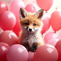 Obraz premium Adorable fox cub nestled among many bright pink balloons against a bokeh light background