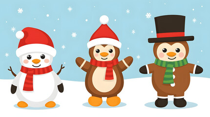Cute 3D Christmas Characters in Pastel Winter Scene
