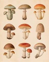 Vintage mycology illustrations of mushrooms