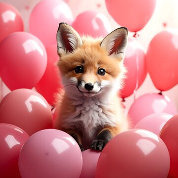 Adorable fox cub nestled among many bright pink balloons against a bokeh light background