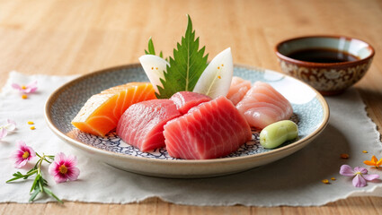 Typical japanese sushis and sashimis on a plate