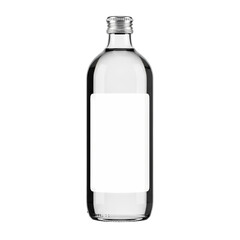 Clear glass bottle with blank label and silver cap ready for branding