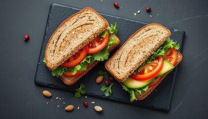 Freshly prepared whole grain sandwiches with vibrant vegetables, perfect for any meal or event presentation