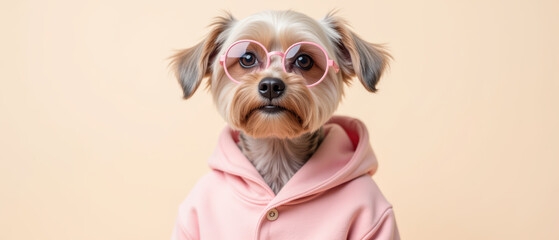 Stylish dog wearing pink glasses and hoodie, exuding playful and trendy vibe