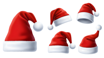 Collection of red santa hats with white trim isolated on transparent background for christmas decoration