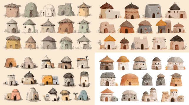 Watercolor illustration set of primitive huts and early dwellings representing indigenous housing forms and ancient settlement architecture in soft neutral tones