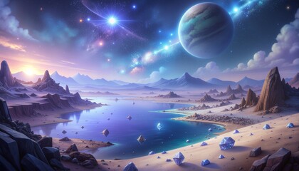 Alien Planet Landscape Futuristic Sci-Fi Exoplanet with Rings, Nebula, and Cosmic Ocean