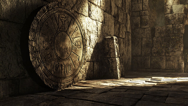 Wheel of Samsara, Wheel of Time , Wheel of Fortune,  esoteric blogs, fortune teller community, fantasy sites, mystical atmosphere, ancient stone wheel in dimly lit chamber, archaeological discovery, 