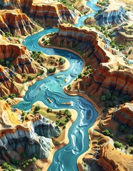 Naklejka premium Aerial view of a winding river cutting through a canyon with green trees and varying rock formations