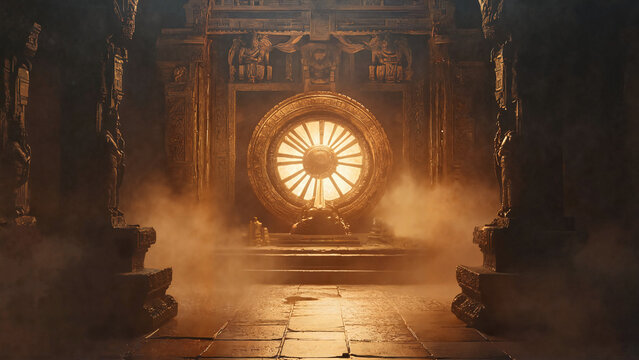 symbolic Wheel of Time,  esoteric blogs, fortune teller community, fantasy sites, mysterious atmosphere, glowing sun portal, ancient temple, fantasy art, copy space