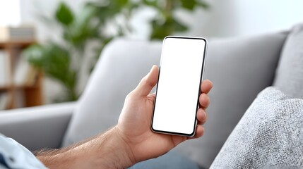 Close up of a hand holding a sleek smartphone displaying a bright empty white screen  The device suggests digital interaction or content viewing in a comfortable domestic environment