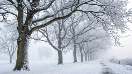 Fototapeta premium Winter scene with bare trees covered in snow and fog along a quiet pathway