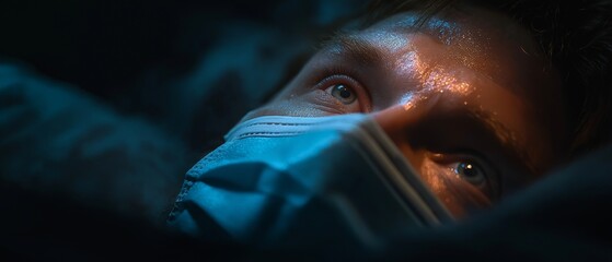 A mask-wearing man in medical trouble is resting on a bed with his face lit up.  Hospital setting, urgent care, and medical emergency