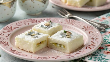 Sweet barfi squares adorned with silver leaf on a pastel plate, perfect for festive celebrations and gatherings
