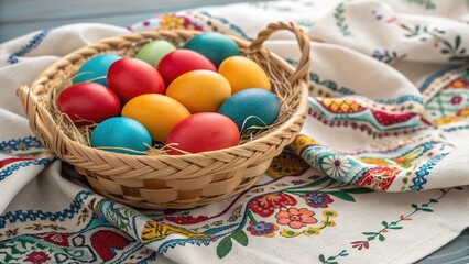 Colorful eggs in a woven basket resting on a decorative fabric with floral patterns during a spring celebration