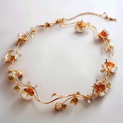 Elegant floral gold necklace with diamonds on a transparent background