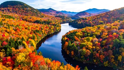 Aerial view of a winding river surrounded by colorful autumn trees, framed by distant mountains under a bright sky