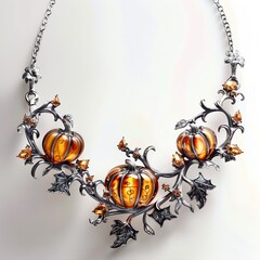 Autumn pumpkin necklace with silver vines and gemstones on a transparent background