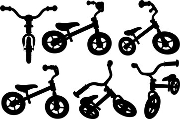 Group of different kids balance bike isolated on white background
