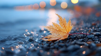 Close up of a single dew kissed autumn maple leaf showcasing its orange hues and intricate veins set against a backdrop of dark wet stones and serene out of focus lights