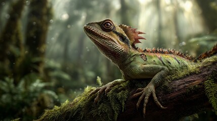 Fototapeta premium A hyperrealistic, captivating photograph of a vibrant and intricately detailed forest dragon (such as an Asian forest dragon or a similar-looking lizard species) perched on a moss-covered branch in a 