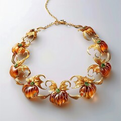 Elegant pumpkin and bat gold necklace on a transparent background
