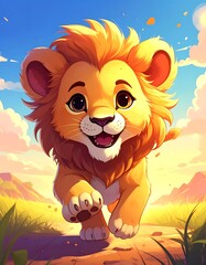 Adorable cartoon lion cub prances on a path under a bright sky with puffy clouds, full of joy