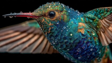 Vivid closeup of a hummingbird covered in glistening water droplets mid-flight