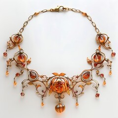 Ornate vintage necklace with amber gemstones on a transparent background