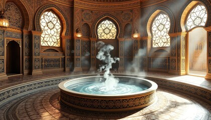 A regal bathing chamber with steaming waters, perfect for fantasy settings, historical reenactments, or opulent spa presentations.