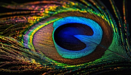 Obraz premium Close-Up of Peacock Feather on Black Background – Iridescent Colors and Eye Pattern Showcasing Natural Beauty, Structural Coloration, and Artistic Inspiration