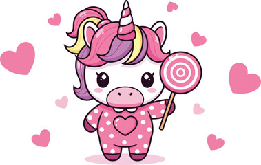 Adorable pink unicorn cartoon holding a lollipop surrounded by cute hearts in a sweet kawaii style vector illustration